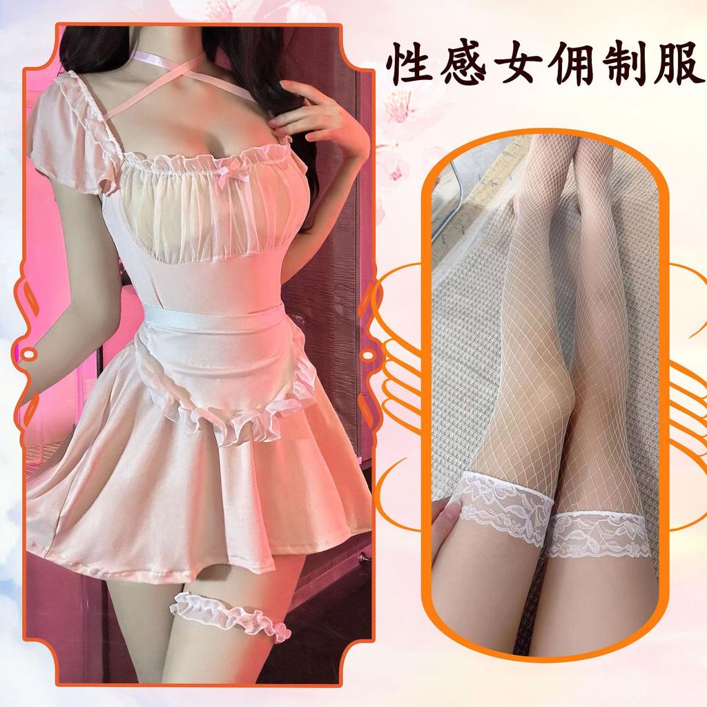 Erotic SM Mesh Sheer Pink Maid Tops Sexy Lace Suspender Bunny Girl Uniform Female Dress Elegant 2025 New Tops Korean IQI4