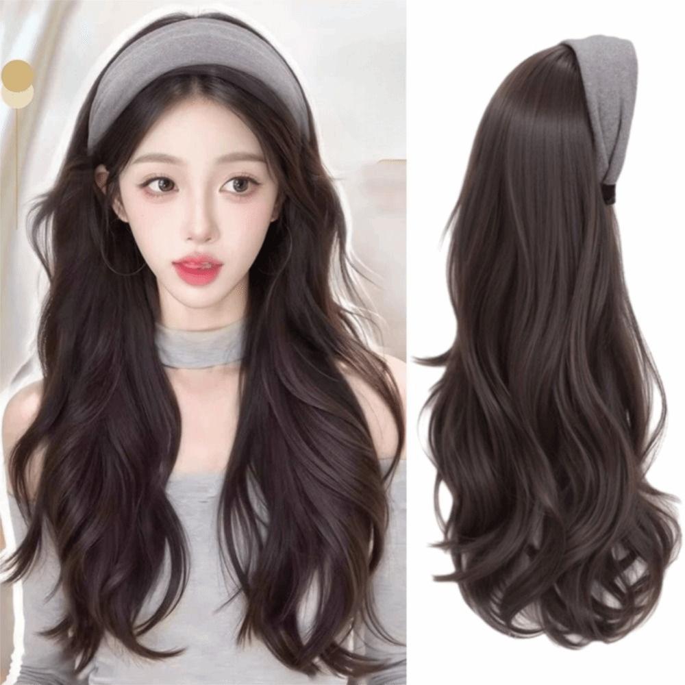 Hair Hoop Half Headband Wig Korean Style Long Wavy Curly  Hair Gray Wide Knit Headband Wig  Party