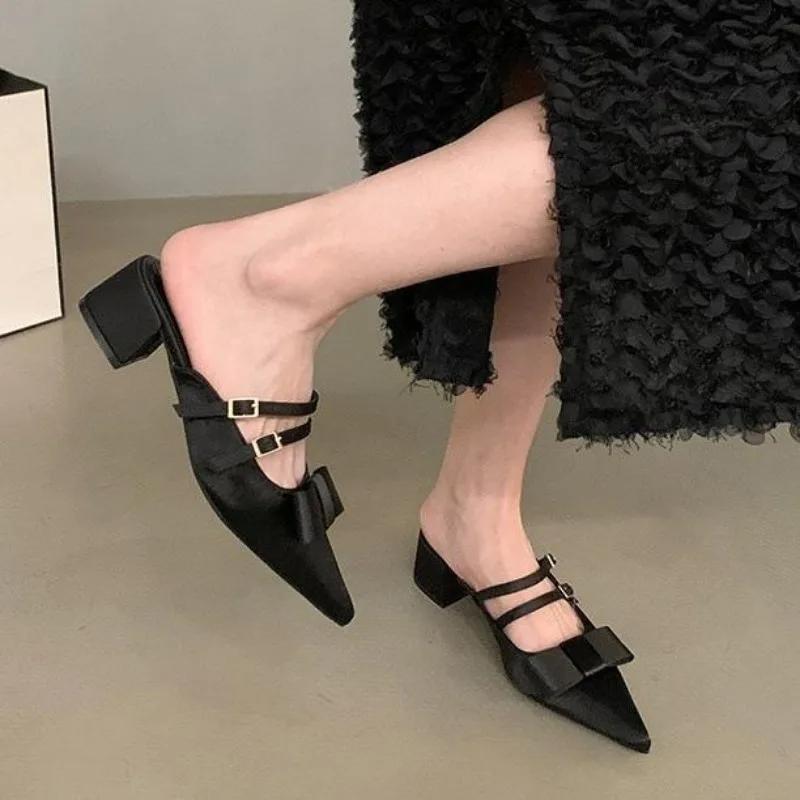 Fashion Spring Summer Pointed Toe Women Muels Slippers Fashion Butterfly-knot Thick Heels Party Dress Shoes Buty Damskie Scarpe Da Donna
