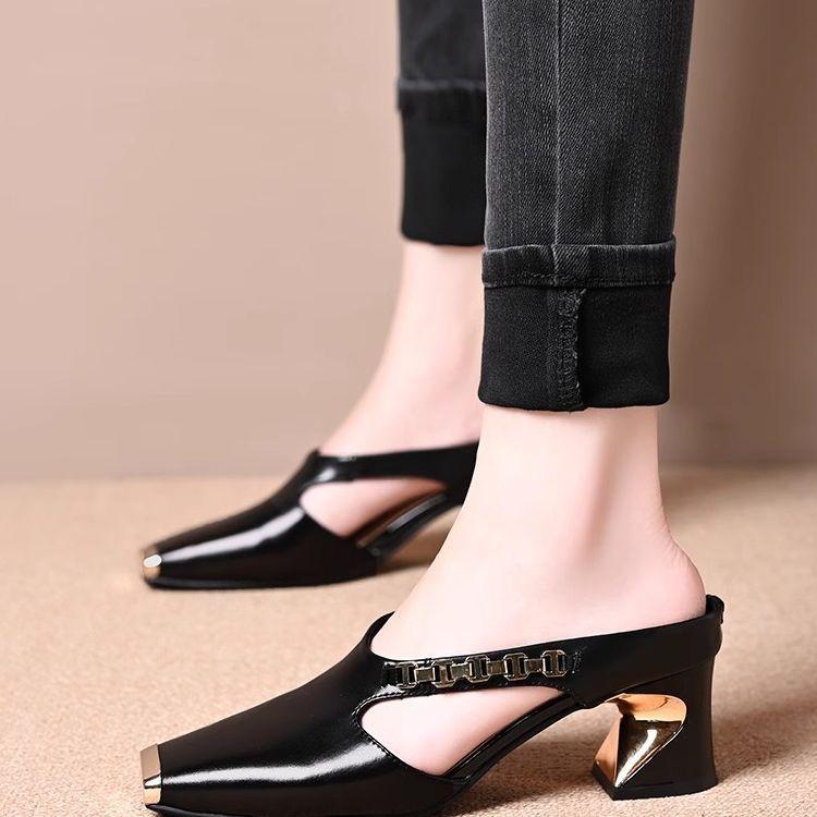 Summer new design chain square head half slippers women's outer wear middle heel soft leather casual lazy one pedal bag head drag