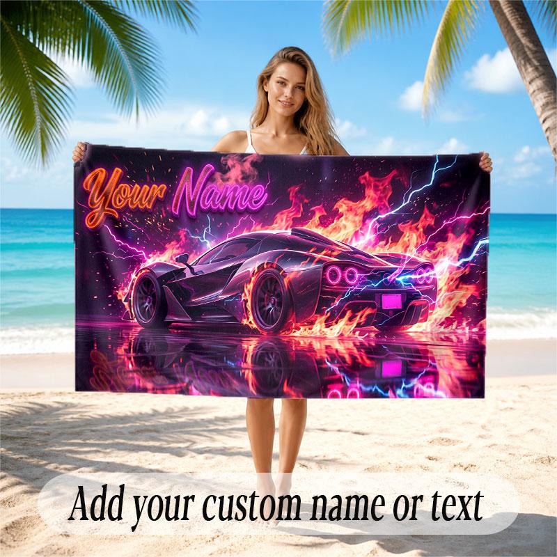 Car Racing Theme Beach Towel Personalized Custom Name & Text Soft Quick Dry Beach Towel for Swimming Travel