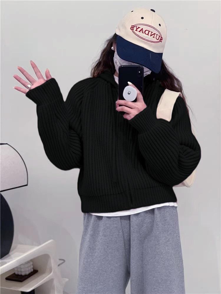 Women's Sweet Candy Color Hooded Knit Cardigan - Soft, Glutinous, Short, Loose, Thickened with Zipper