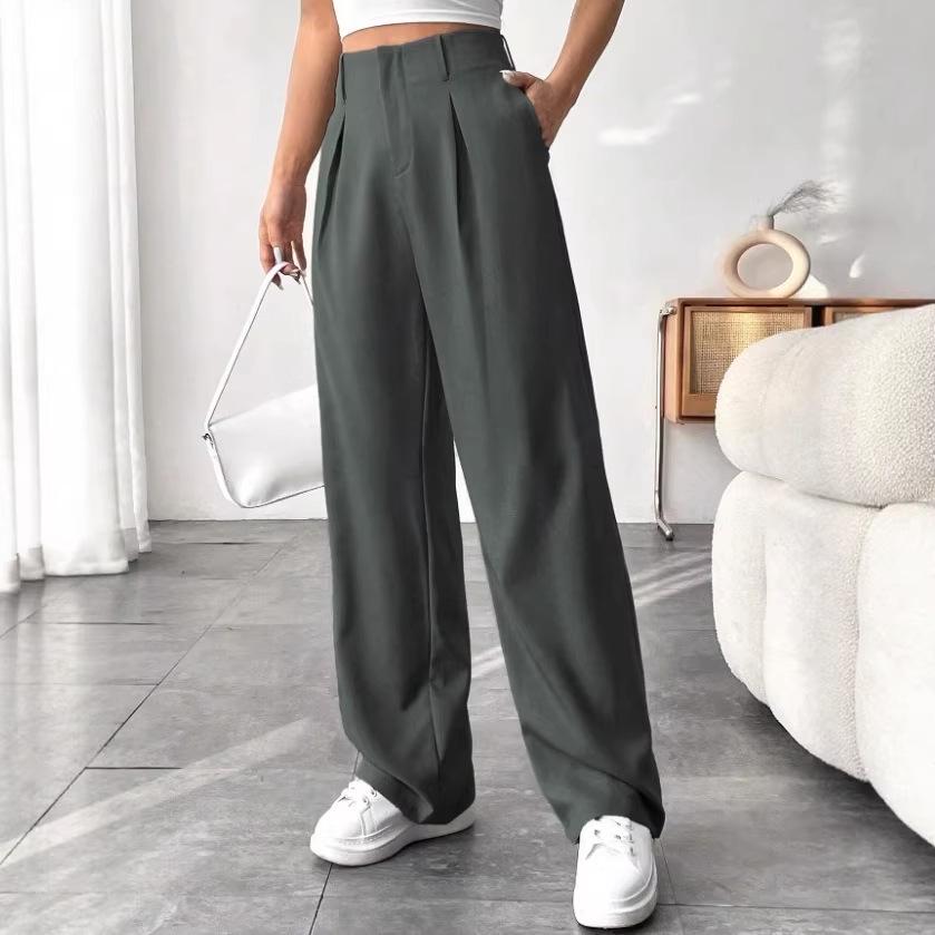 European & American Women's High-Waist Straight-Leg Business Casual Pants - Solid Color Draped Style (2026)