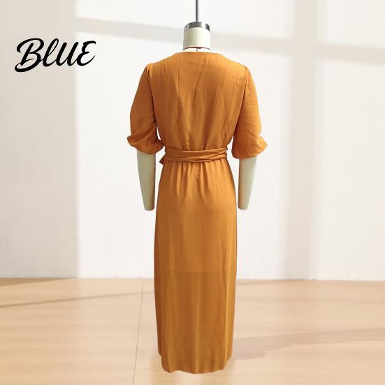 Tie Waist Women Dress V- Neck Long for Summer Autumn Solid Color Casual A-Line Dress Half Sleeves Swing Maxi