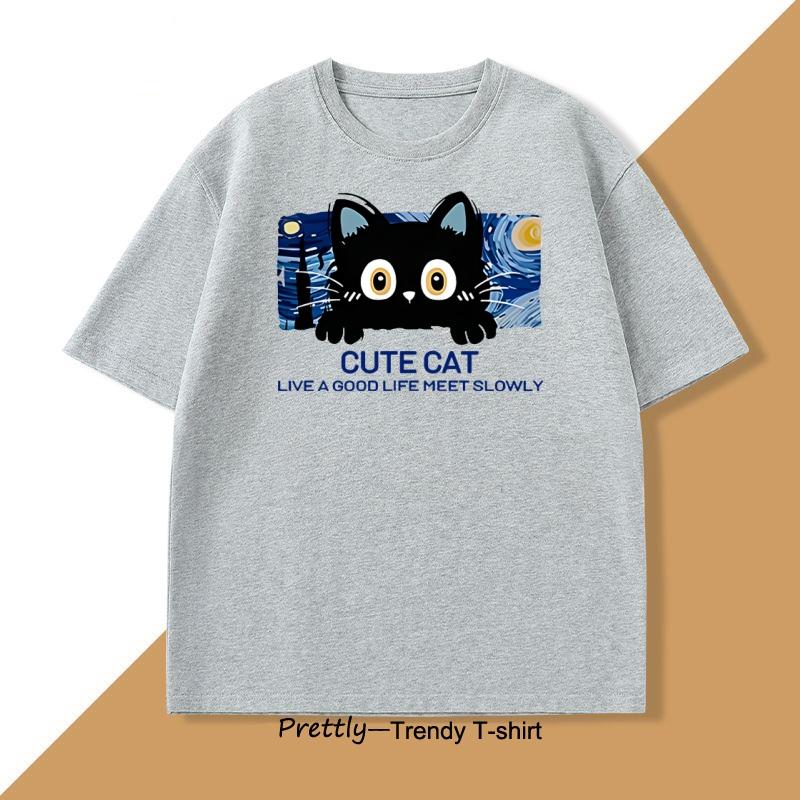 Cute Cat T Shirt Casual Cotton Short Sleeve Round Neck Tshirt Men Women Loose O Neck Male Tee Shirt Oversized Tee Shirt Street