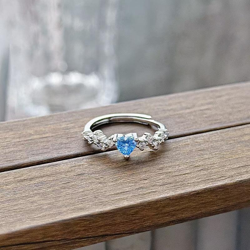 New Niche Light Luxury High Sense Sea Blue Zircon Super Fairy Open Ring Simple Fashion Jewelry Women