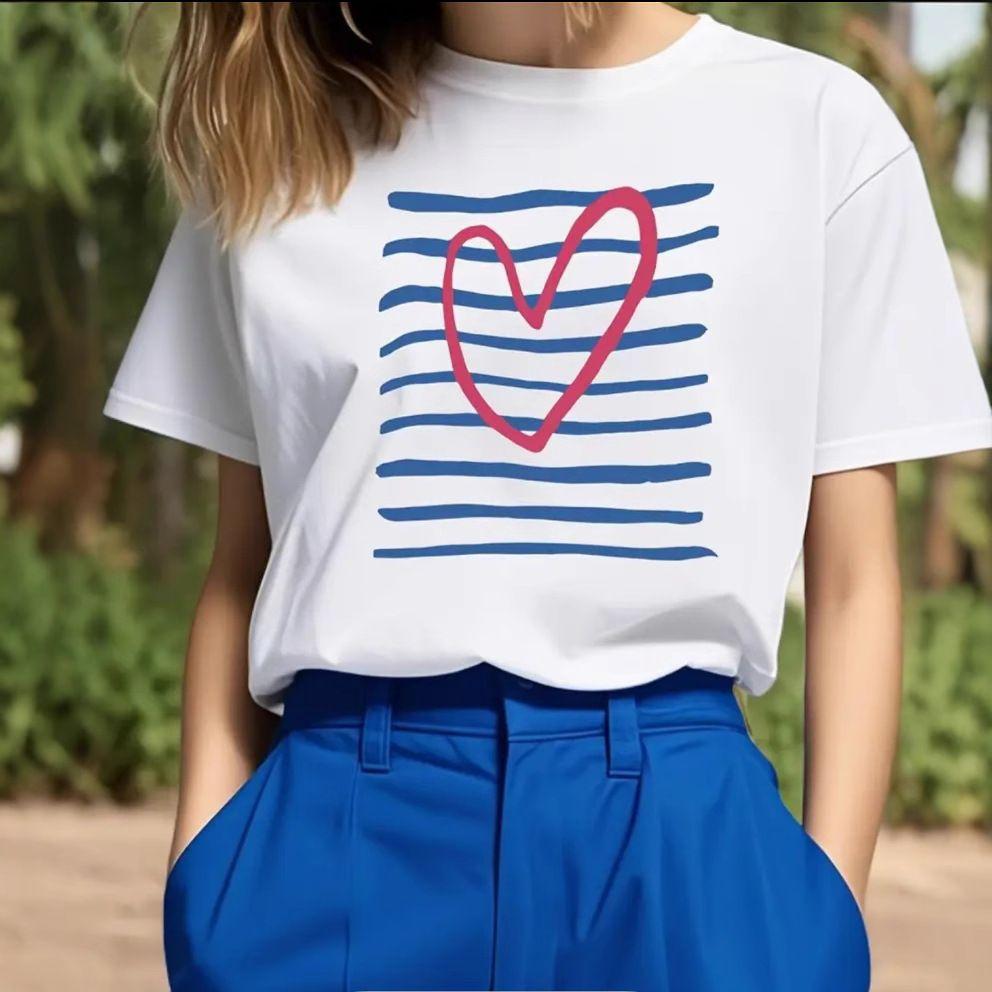 Plus Size Heart Print Women T Shirts Cotton Tees Summer Tops S белый