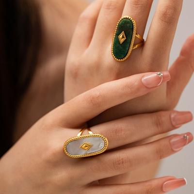 Creative Exquisite Vintage Open Rings Simple Shell Oval Stone Rings Stainless Steel Women Jewelry Exaggerated Finger Ring Women