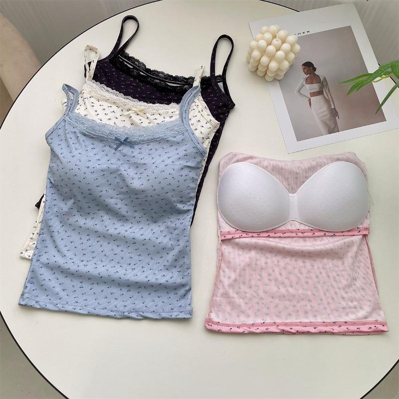 Summer Print Crop Tops for Women Bow Lace Camisole Sexy Backless Vest with Padded Basic Tank Top Style Y2K Streetwear