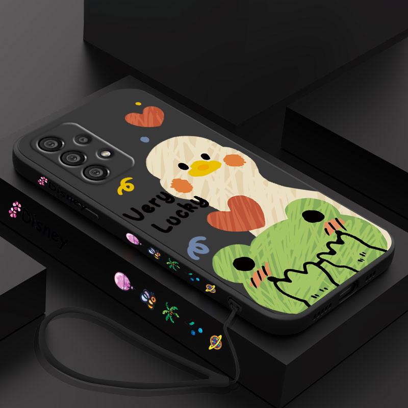 Duck With Sunglasses Cute Cartoon Phone Case For Samsung A73 A53 A33 A52 A32 A71 A51 A21S A50 A30 5G Liquid Left Rope Soft Cover