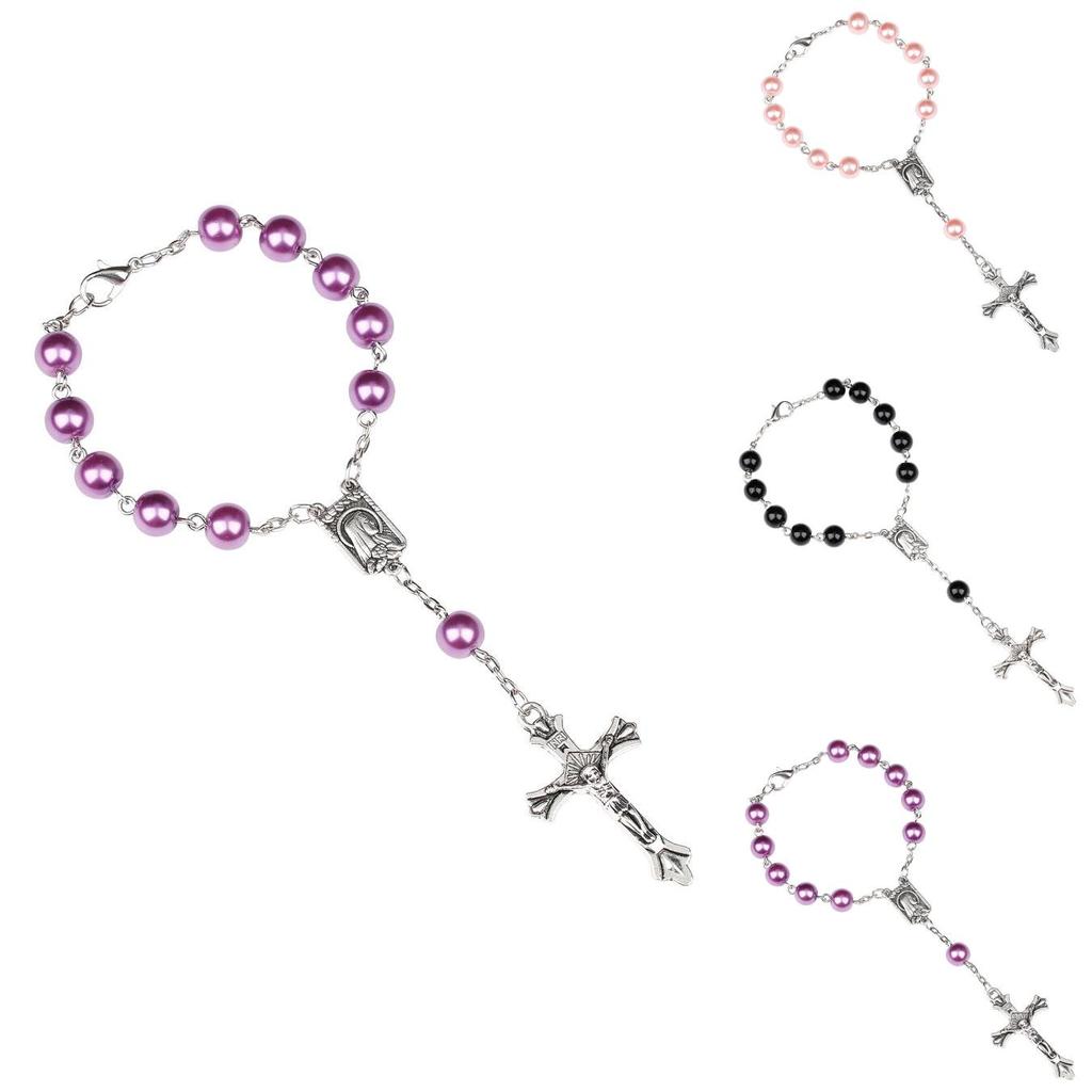 Purple Glass Pearl Rosary Bracelet With Cross Pendant Religious Jewelry