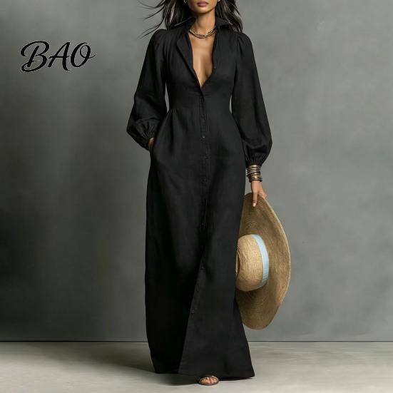 Women Casual Dress Button Front Shirt Dress, Long Sleeve Turn-down Collar Dresses Solid Color Cinched Waist for Daily Office Collared Style