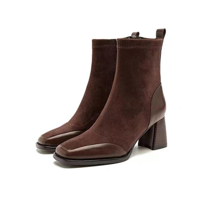 Thick High Heel Short Boots Autumn Winter New Popular Square Headed Suede Ankle Boots for Women Black Brown Elastic Heeled Boots