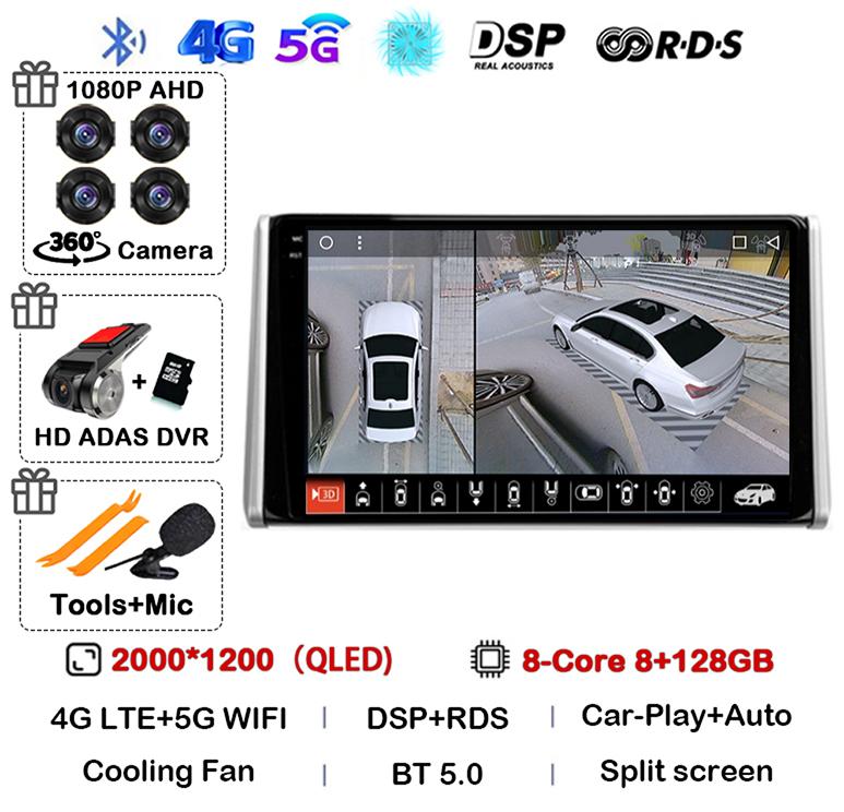 Android 14 Carplay Auto For Toyota RAV4 XA50 2018 2019 2020 Car Radio GPS Multimedia Player Stereo 4G WIFI 360 Camera Head Unit