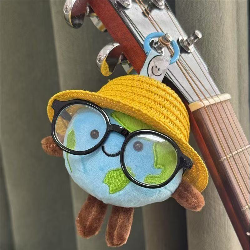 Cute Plush Earth Keychain with Hat and Glasses Kawaii World Globe Planet Pendant Stuffed Toy Bag Charm Accessories Keyring Gift