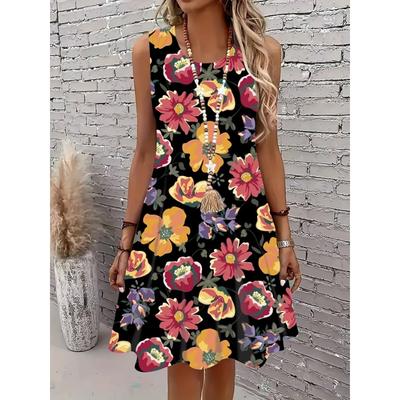 Floral Print Sleeveless A Line Dress for Women Summer Casual Mini Dress with Pearls Necklace Boho Style Fashion Dress, Overseas Printing