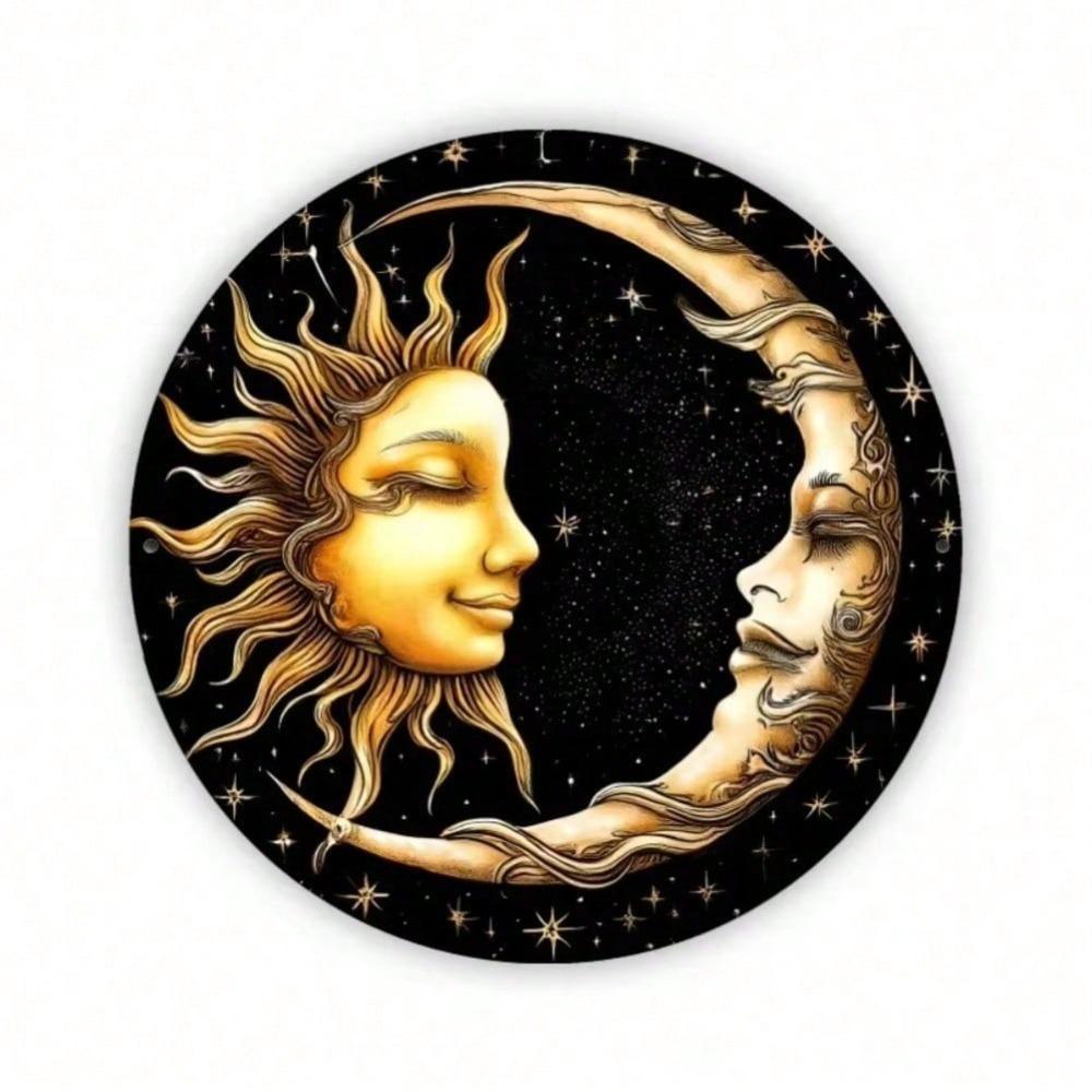 Vintage Round Tin Sign Sun Moon Berries Metal Wall Art