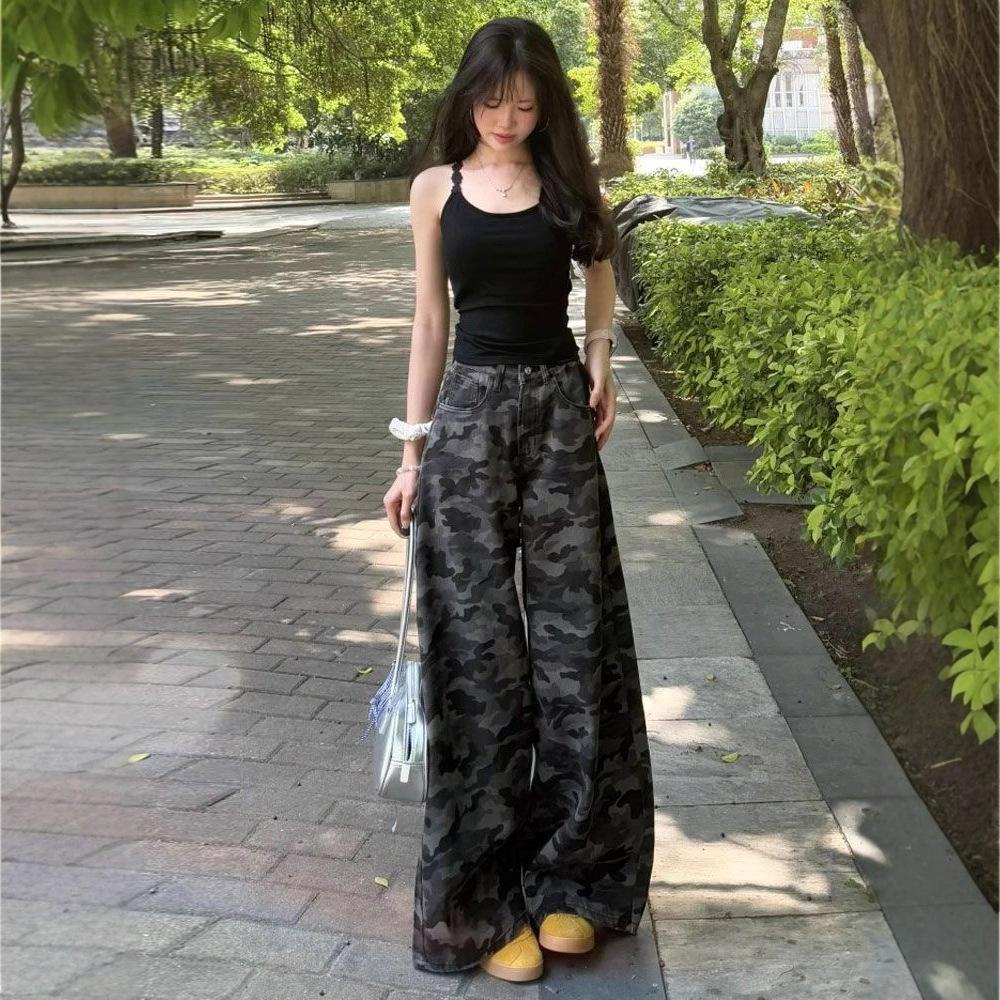 Fashionable Comfortable Vintage Camouflage Work Wide Leg Jeans Women's High Waist Loose Slim Straight Casual Trousers Jeans for Women Long Denim Pants