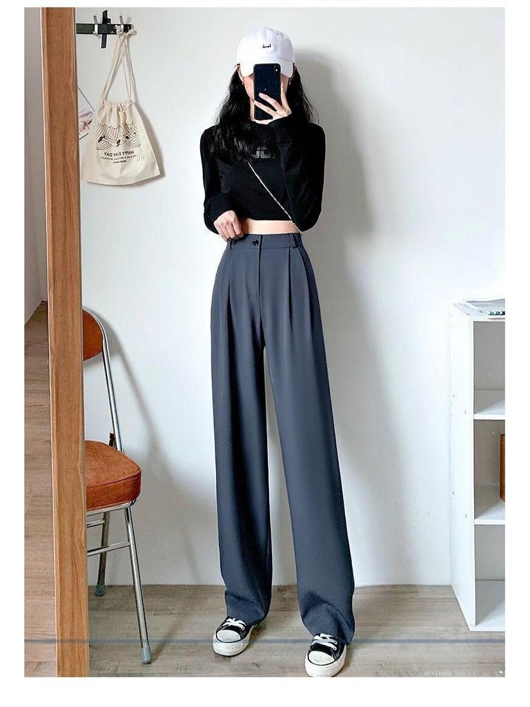 Korean Style Black Drapey High-Waisted Wide-Leg Suit Pants - 2024 Spring/Autumn