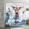 Lustiger Katzen-Duschvorhang Coole Dinosaurier-Dino Japanisches Meer Ozeanwelle für Kinder Jungen Rustikaler Holz-Bauernhaus-Badevorhang
