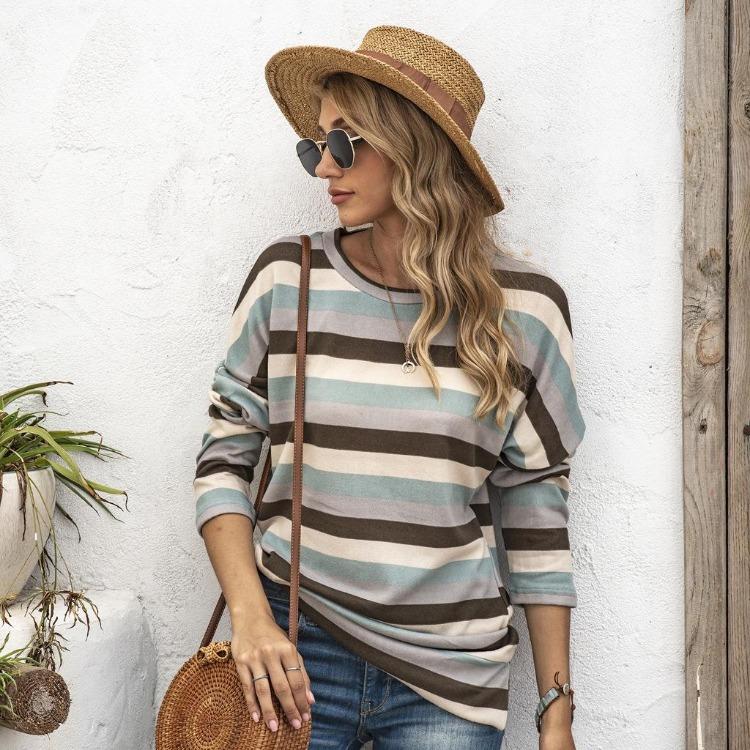 Oversize Women Loose Stripe Sweatshirt Sweater Round Neck Tshirt