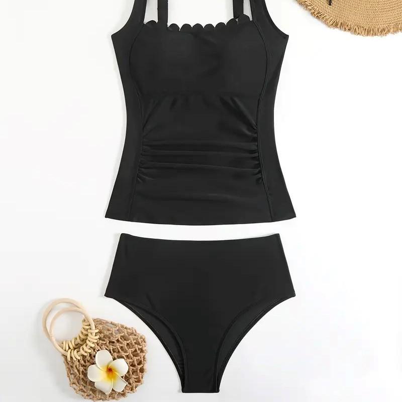 Qianmo 2025 Women's Off-Shoulder Tummy Control Ruffled Swimsuit - Black Two-Piece European & American Style.