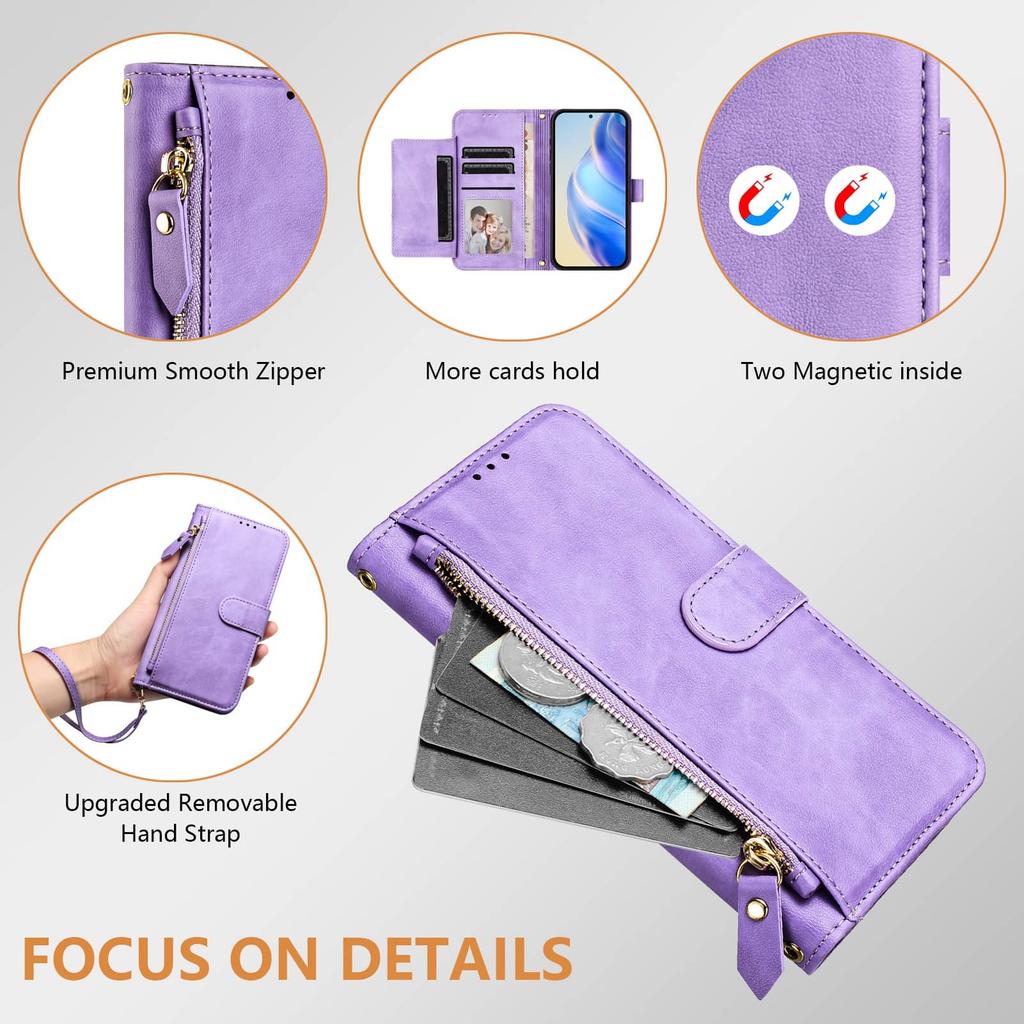 For Samsung Galaxy A15 A16 A25 A26 A32 A36 A53 A56 A73 Wallet Case with Card Slot Zipper Flip Folio with Lanyard Strap Kickstand