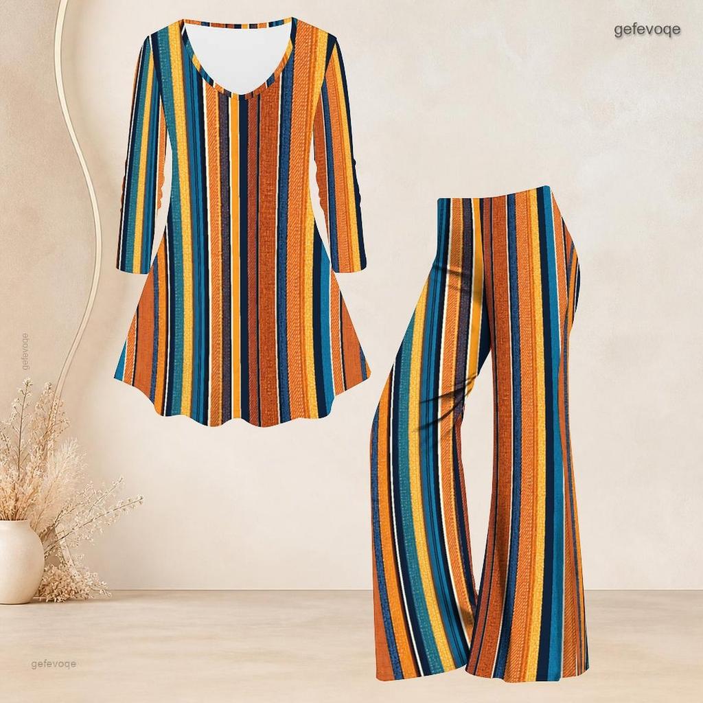Women Plus Size V Neck Three Quarter Sleeve Printed Flared Top Flared Pants Two Piece Set