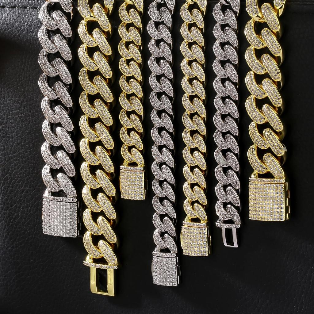 KRKC&CO Panzerkette mit Zirkonia und Miami Cuban Kette, 12mm, Weißgoldplattiert, CZ Diamanten, Dicke Herrenkette, Choker, Hip Hop, Tänzer,