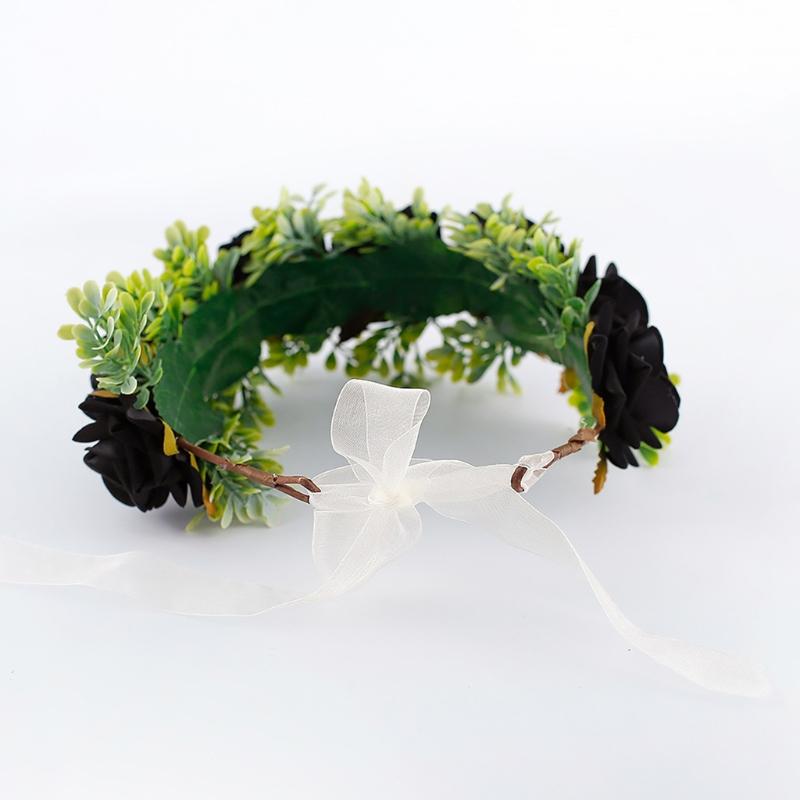 Adjustable Floral Garland Handmade Rose Flower Wreath Headband with Ribbon for Wedding Festival Travelling Photo Props