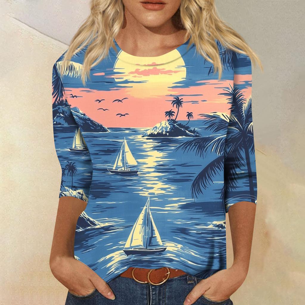 Módní vintage top s 3/4 rukávem pro ženy, dámská ležérní halenka s tříčtvrtečním rukávem a kulatým výstřihem s potiskem