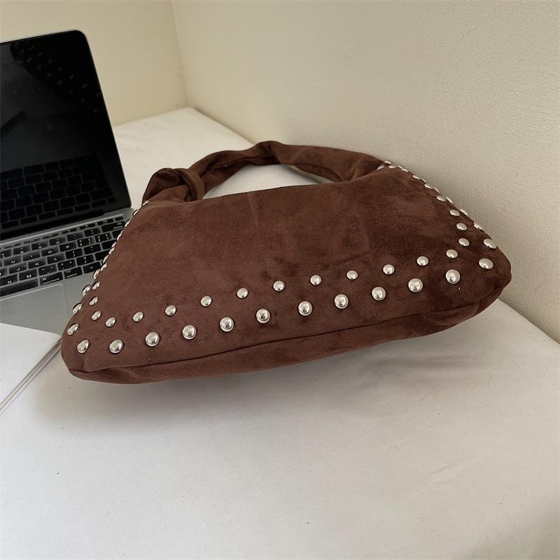 Rivet Faux Suede Shopping Shoulder Bag For Women 2025 Winter Retro Single Crossbody Bags Underarm Dumpling Sweet Tote Bags