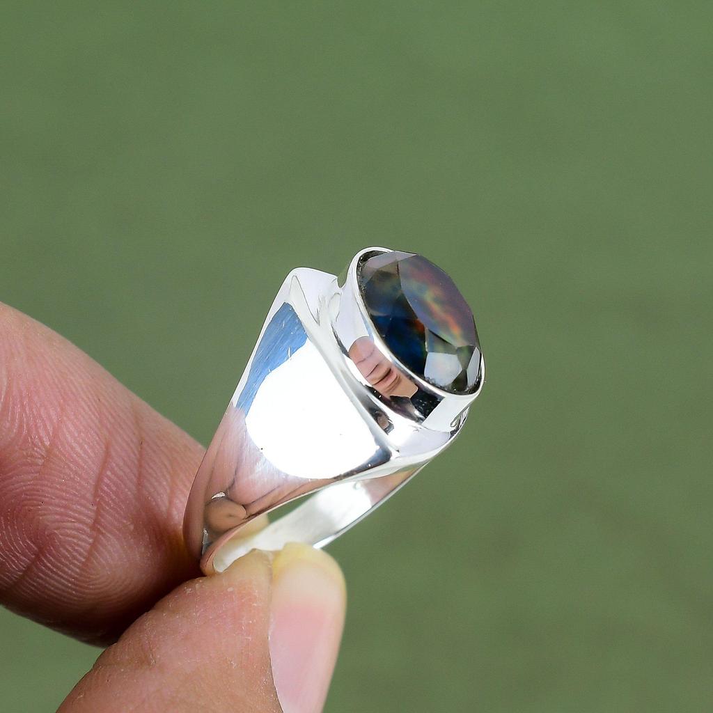 Faceted Ammolite Ring 925 Sterling Silver Ring Unique Design Jewelry Real Gemstone Ring Handmade Jewelry Gift For Dad Available In Ring Size