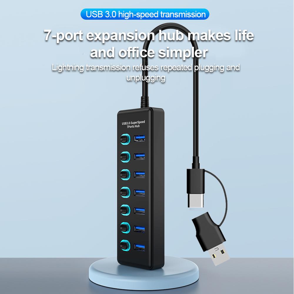 KEBIDUMEI USB HUB 7 Ports USB3.0 Splitter 5Gbps with Individual Switch Power Adapter for Laptop USB Ports Extender USB-C Docking
