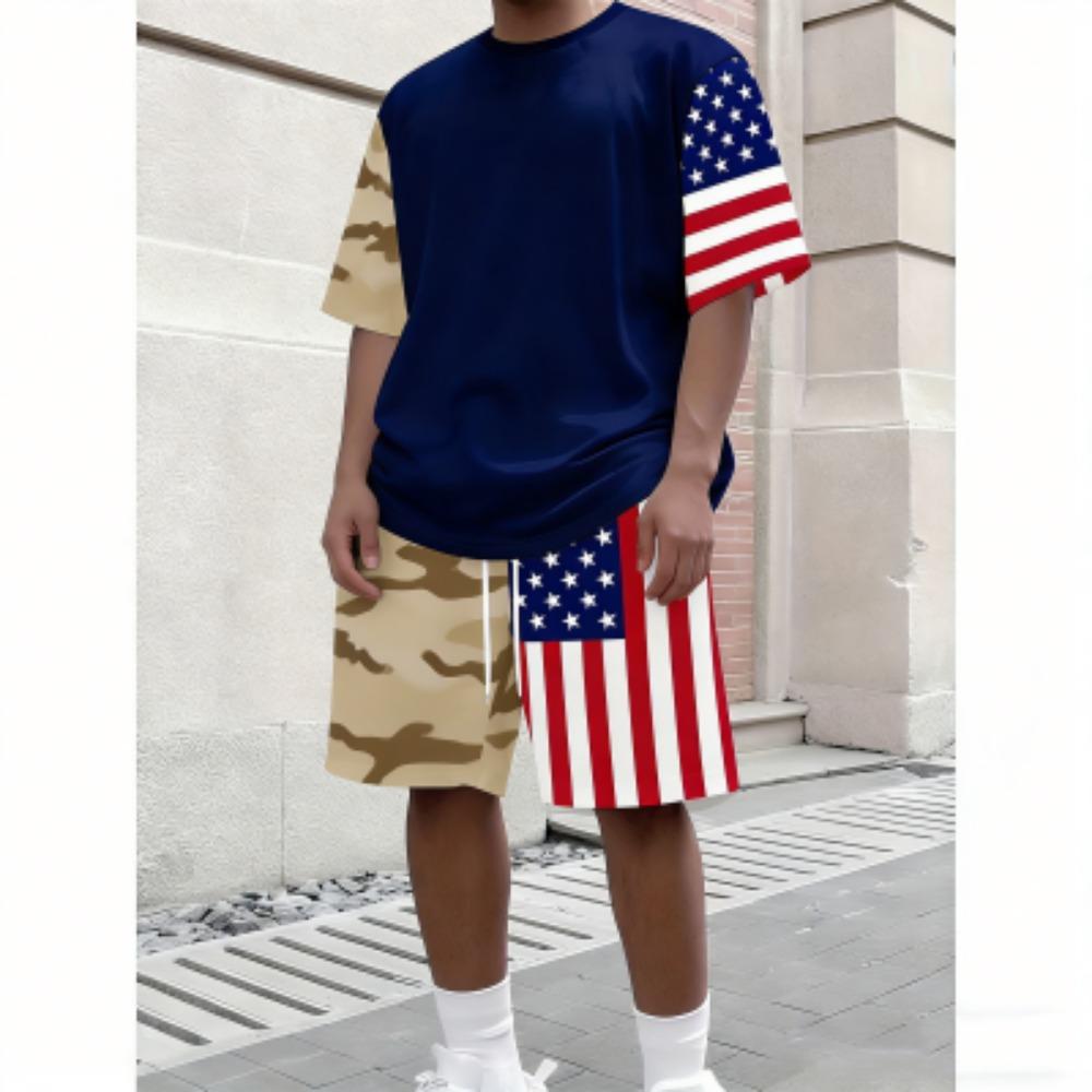 Men's Set Splicing Colors Printed Men's T-shirt and Shorts 2 Piece Set Summer Casual Outdoor Men's and Women's Outfit Clothing