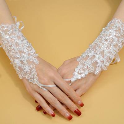 1 Pair Women Prom Gloves See-through Lace Flower Pattern Faux Pearl Decor