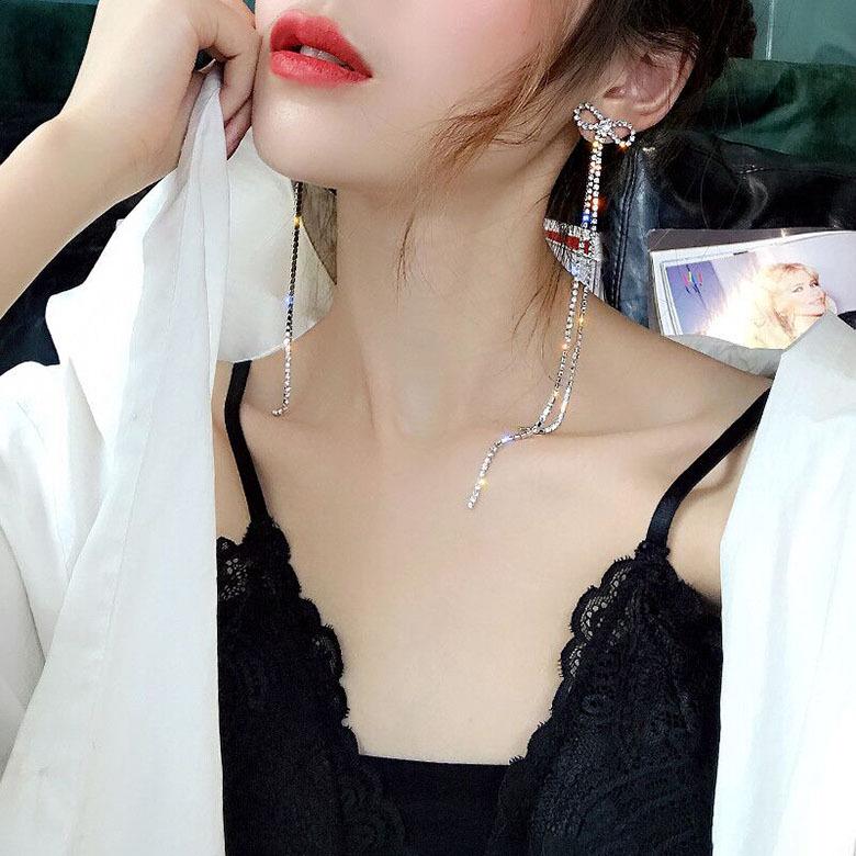 925 Silver Bowknot Tassel Earrings with Diamonds