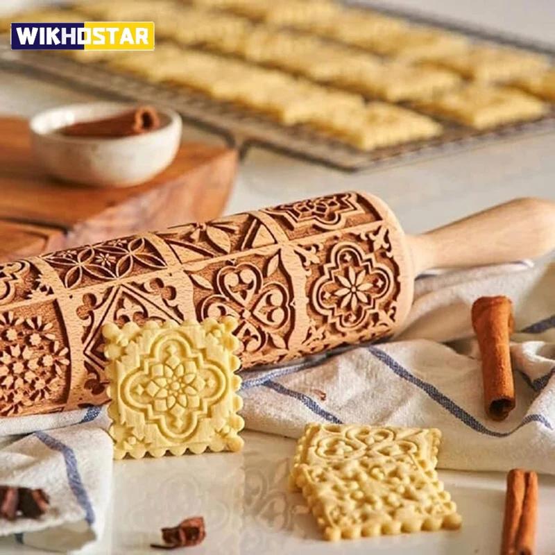1 Stück Weihnachtswalzholz aus Holz mit Rentier-Blumenmustern für die Küche, Gebäck, DIY-Backwerkzeuge, geprägte 3D-Keksausstecher