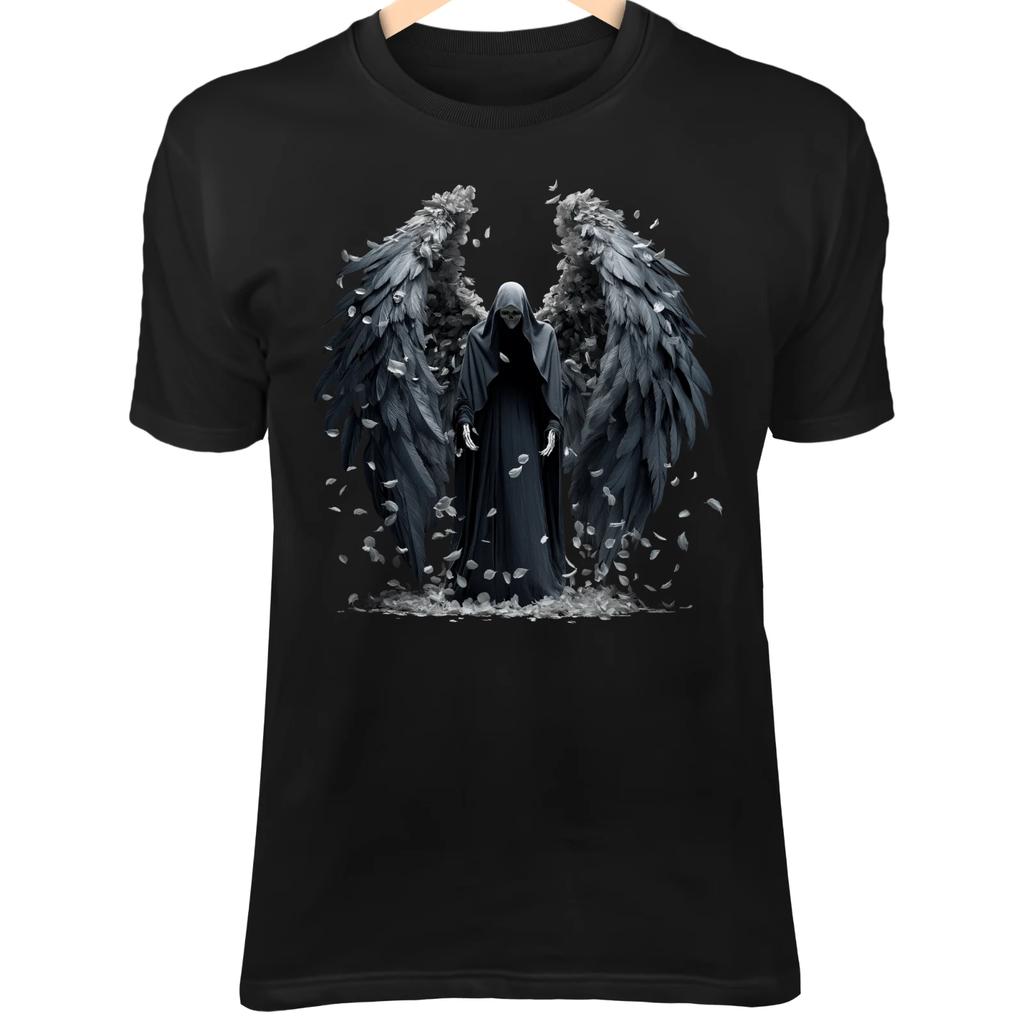 Camiseta Anjo Esqueleto – Asas Negras, Penas Caídas, Elegante Camiseta com Arte Gótica