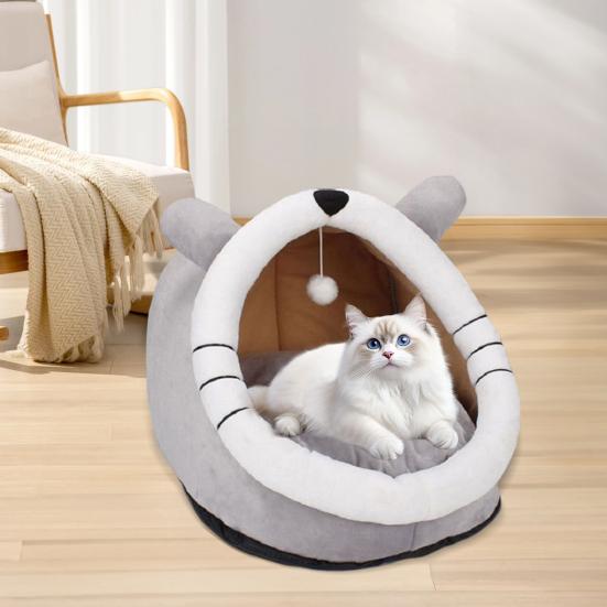 Pat peșteră pisică drăguță Cuib amuzant pentru pisici cu bilă suspendată Pat confortabil pentru calmarea pisicilor cu urechi Perna lavabilă detașabilă pentru pisici de interior, pisoi și animale de companie mici