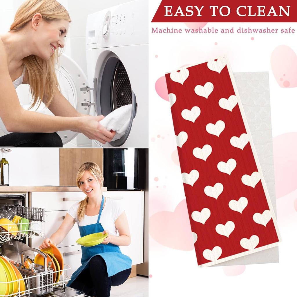 6 Packs Valentine's Day Swedish Dishcloths Red White Heart Kitchen Dish Towel Reble Washable Cotton Kitchen Towels for Home Party Cleaning