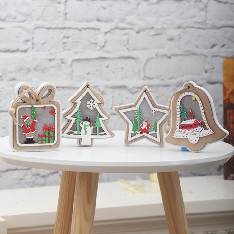 Christmas Light Luminous Ornament Wooden Christmas Tree Hanging Pendant Decor