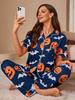 Damen-Pyjama-Set mit offenem Vorderteil und Halloween-Print, mit kurzärmeligem Oberteil und langer Hose – Damen-Loungewear