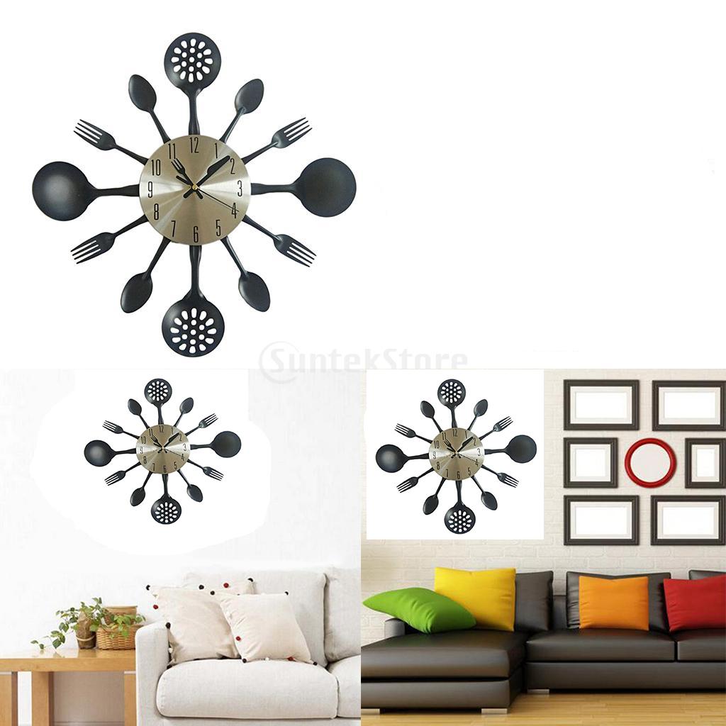 Creative Kitchen Wall Clock with Utensils Non-ticking Silent Wall Clock Round Stainless Steel for Home Decor