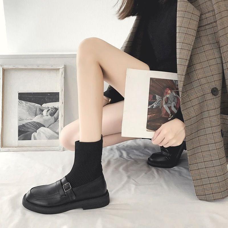Women's Black Round Toe Loafers 2025 Autumn Winter Knit Elastic Socks Boots Retro Fashion Casual Comfortable Ankle