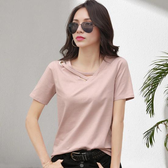 

Women T-shirt V-Neck Lace-Up Collar Short Sleeve T-Shirt Solid Color Loose Fit Casual Tee Shirt Daily Wear L рожевий
