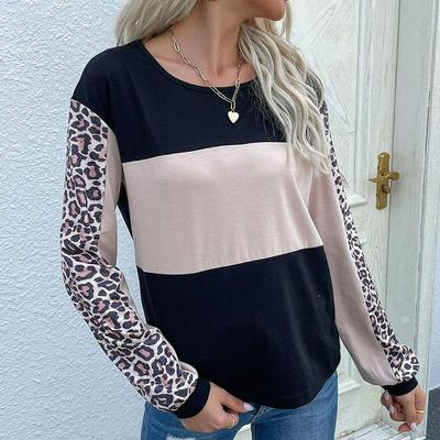 Spring And Autumn Fashion Casual Loose Tops Leopard Printed Long-sleeved T-shirt Female Clothing