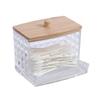 Transparent Diamond Pattern Cotton Swab Holder - Bamboo Lid, Portable Round Cosmetic Storage Box