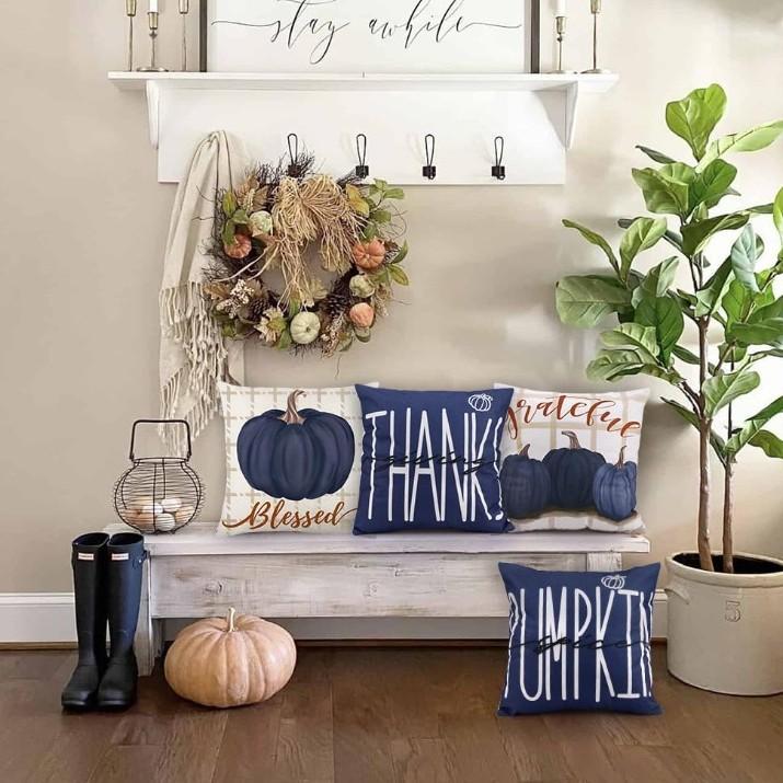 Halloween Pumpkin Decor Plaid Linen Throw Pillow Cover Living Room Sofa Lumbar Pillow Cushion