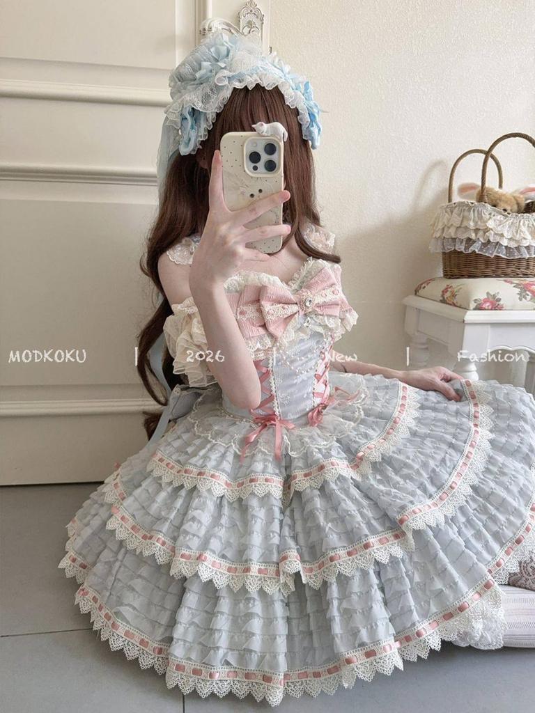 MODKOKU Lolita JSK Jumper Skirt with Ribbon and Mori Girl Tiered Lolita Light Size M Women's Bride-Style Lace-Up Ruffles, Palace-Style Dress,